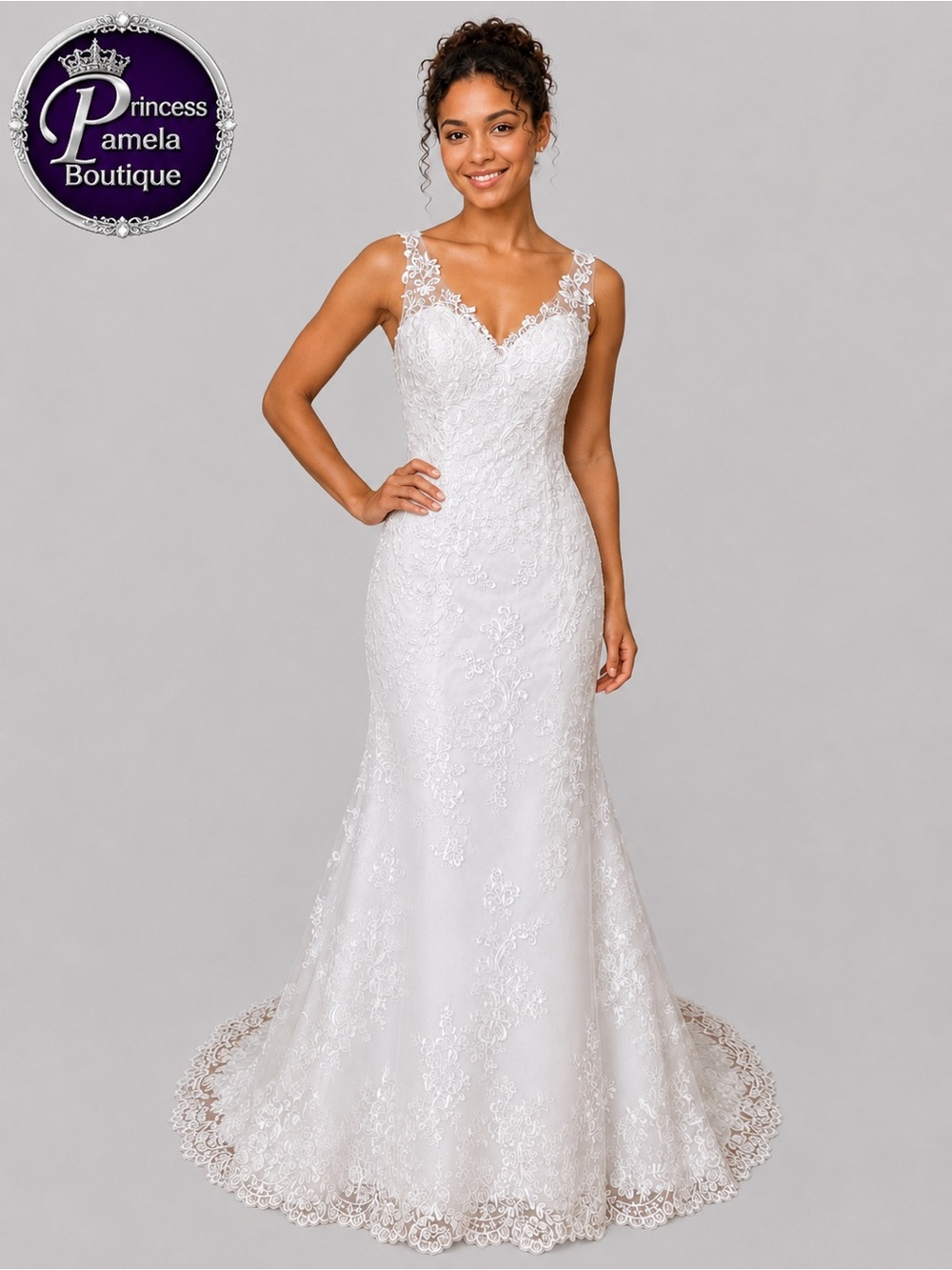 #27- 22 White mermaid-style embroidered mesh tulle wedding dress-Medium- Size 10